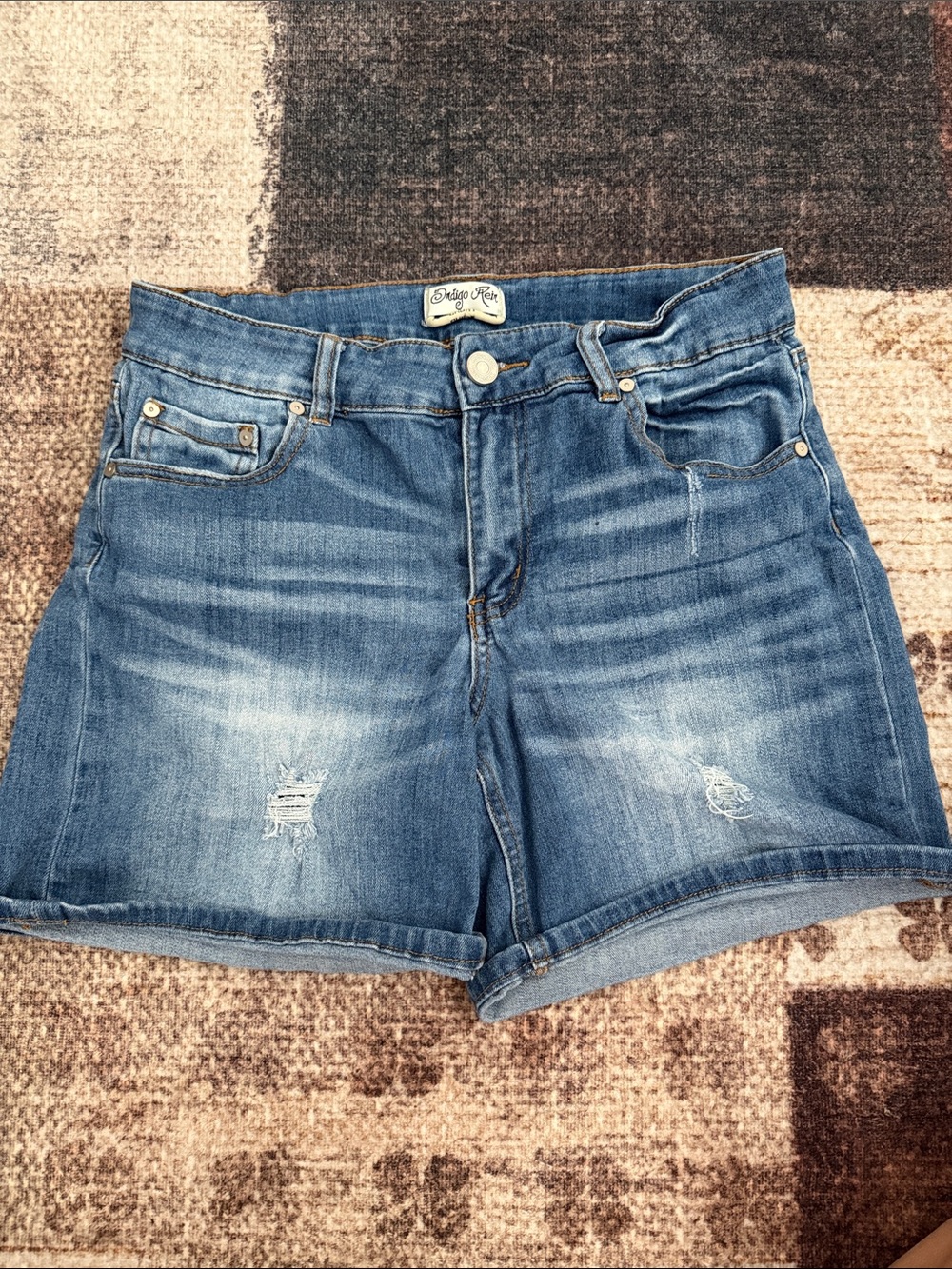 Indigo Rein Medium Blue Distressed Denim Shorts